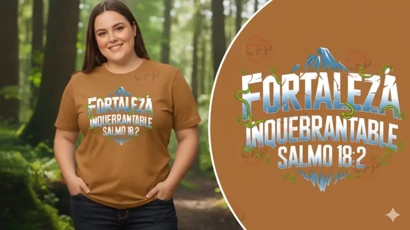 Suéter color camel para mujer, diseño cristiano de Fortaleza Inquebrantable Salmo 18:2, ropa de abrigo con mensaje bíblico.