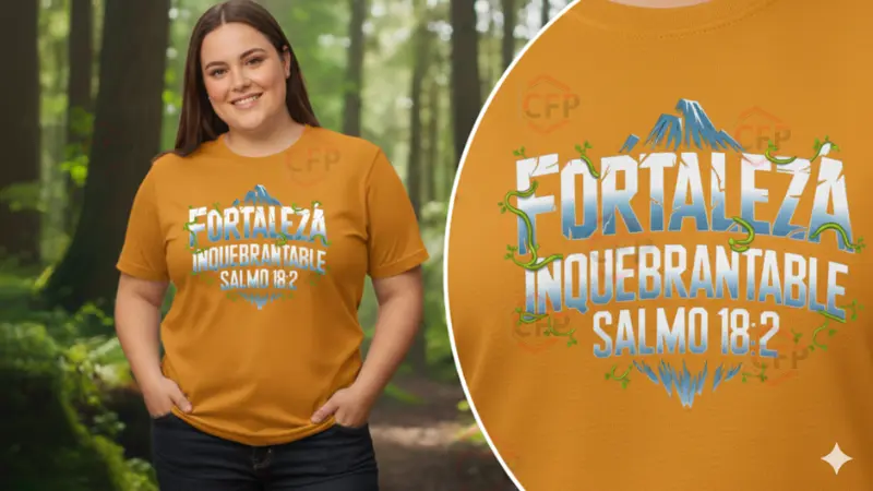 Suéter mostaza para mujer con Salmo 18:2, diseño cristiano de montaña, prenda de fe que simboliza la fortaleza inquebrantable.