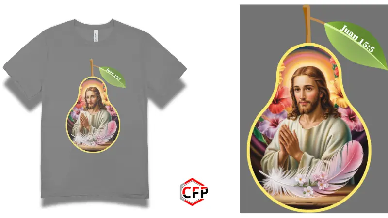 Suéter gris con diseño de pera, imagen religiosa y cita bíblica Juan 15:5. Producto de CFP.