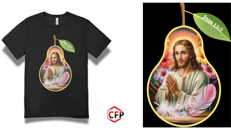 Suéter negro con diseño de pera, imagen religiosa y cita bíblica Juan 15:5. Producto de CFP.