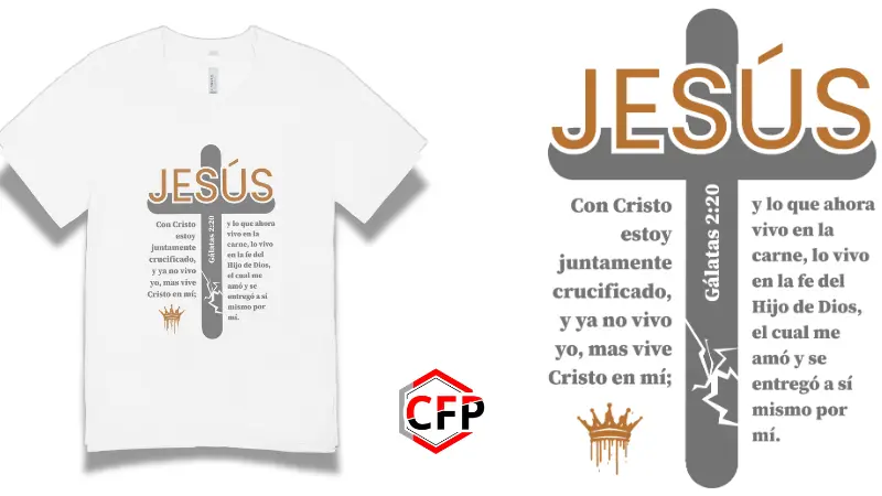 Suéter blanco con diseño de cruz gris, nombre Jesús dorado, verso Gálatas 2:20, fractura en la cruz y corona de espinas. Producto de CFP.