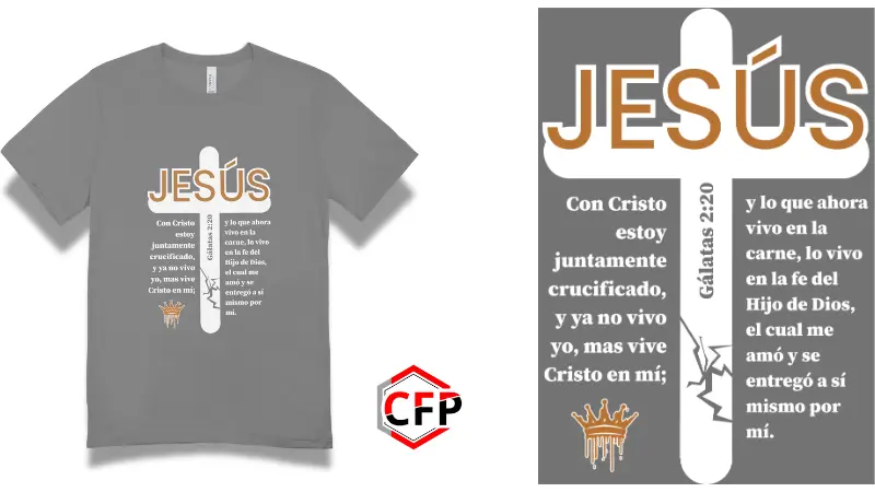 Suéter gris con diseño de cruz blanca, nombre Jesús dorado, verso Gálatas 2:20, fractura en la cruz y corona de espinas. Producto de CFP.