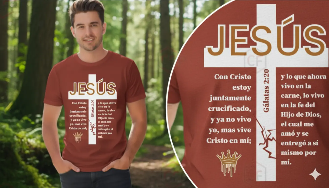 Suéter terracota con diseño de cruz blanca, nombre Jesús dorado, verso Gálatas 2:20, fractura en la cruz y corona de espinas. Producto de CFP.