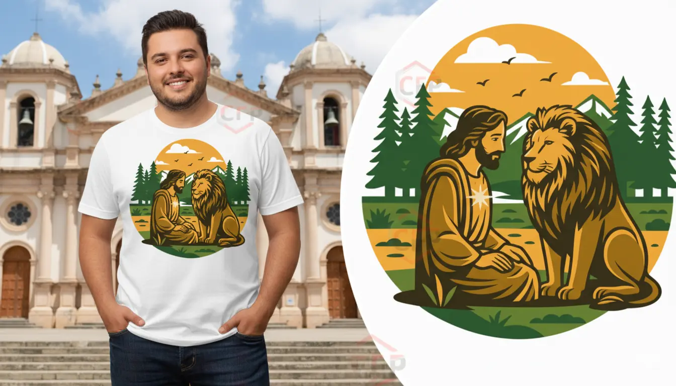 Suéter blanca unisex con diseño gráfico Jesús y el León en la montaña, ropa cristiana con mensaje de paz y pureza.