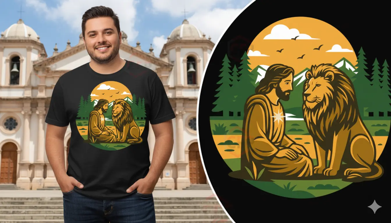Suéter negro unisex con diseño gráfico Jesús y el León en la montaña, ropa cristiana con mensaje de paz y pureza.