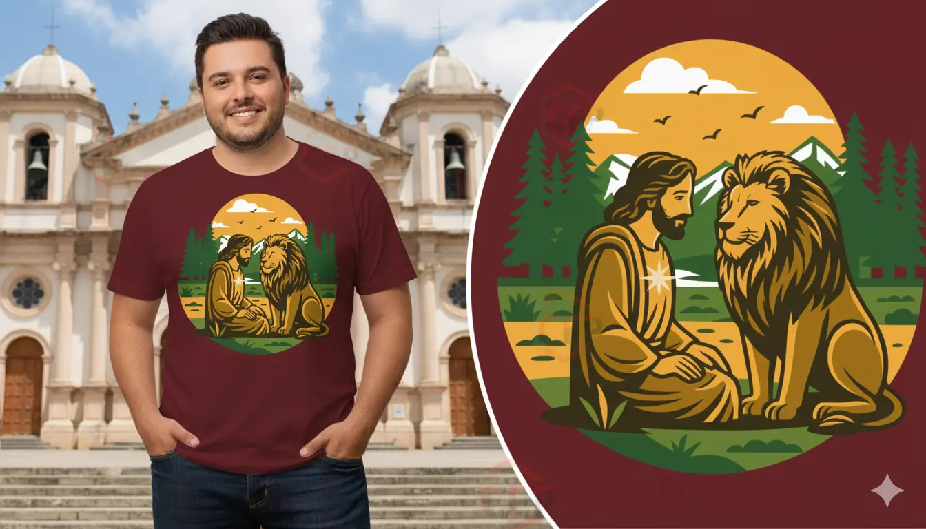 Suéter vino tinto con diseño cristiano Jesús y León, símbolo de sacrificio y realeza, moda de fe profunda.