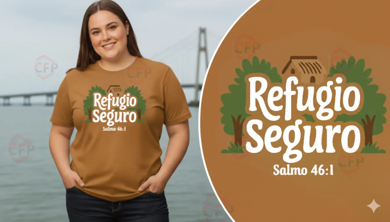 Suéter color camel para mujer con mensaje Refugio Seguro, Salmo 46:1, diseño de casa y árboles, moda cristiana natural.