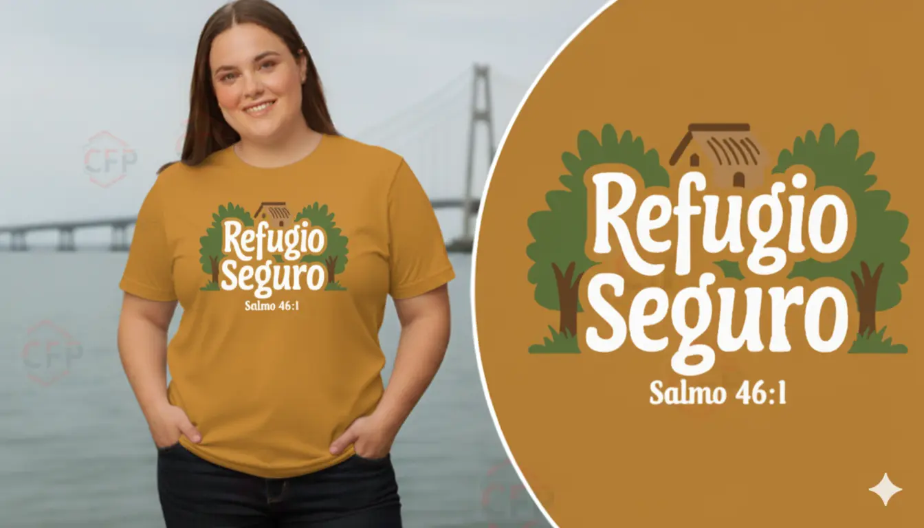 suéter mostaza con diseño cristiano Refugio Seguro Salmo 46:1, prenda de fe de alto contraste y estilo minimalista.