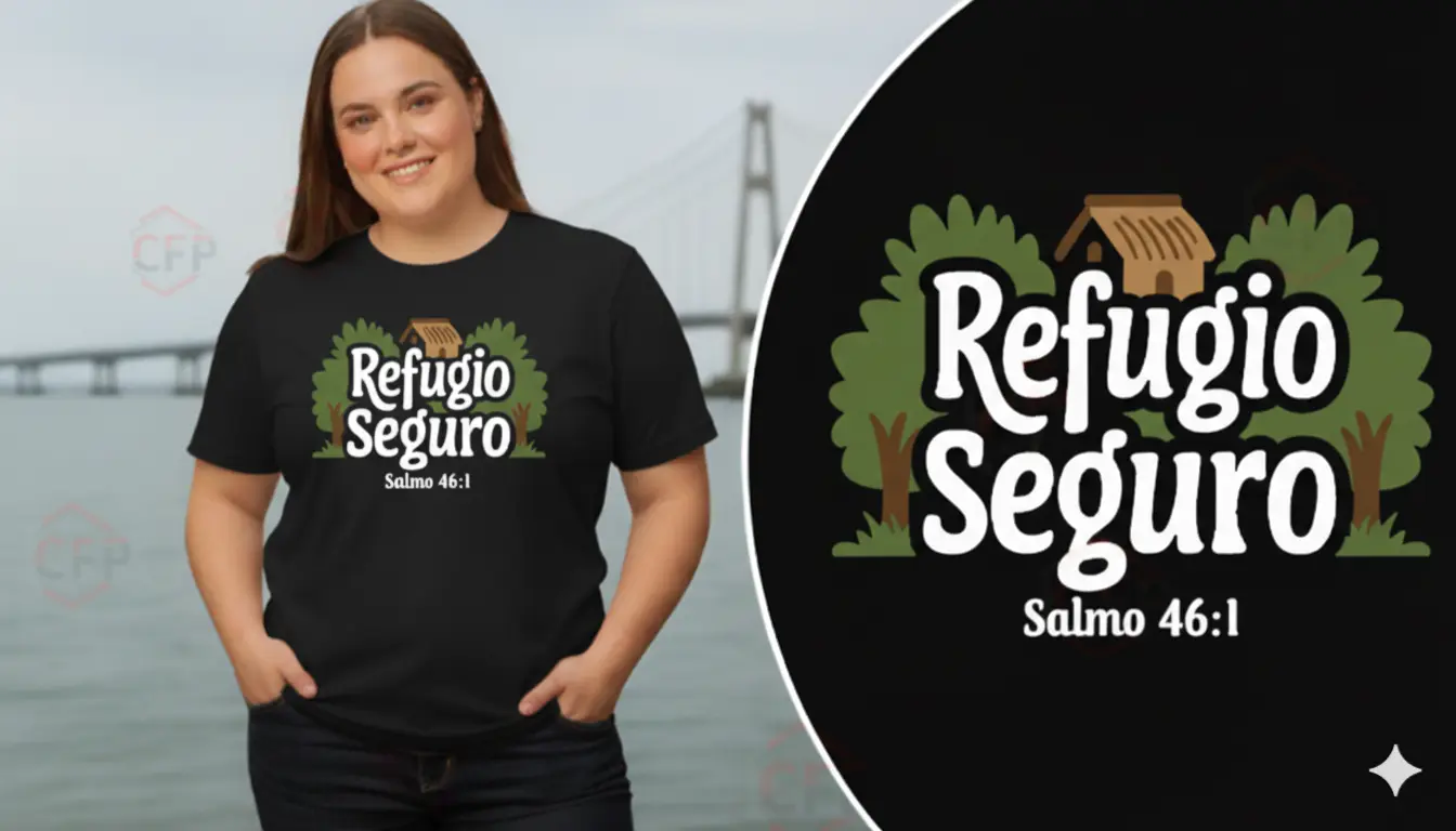 suéter negro con diseño cristiano Refugio Seguro Salmo 46:1, prenda de fe de alto contraste y estilo minimalista.