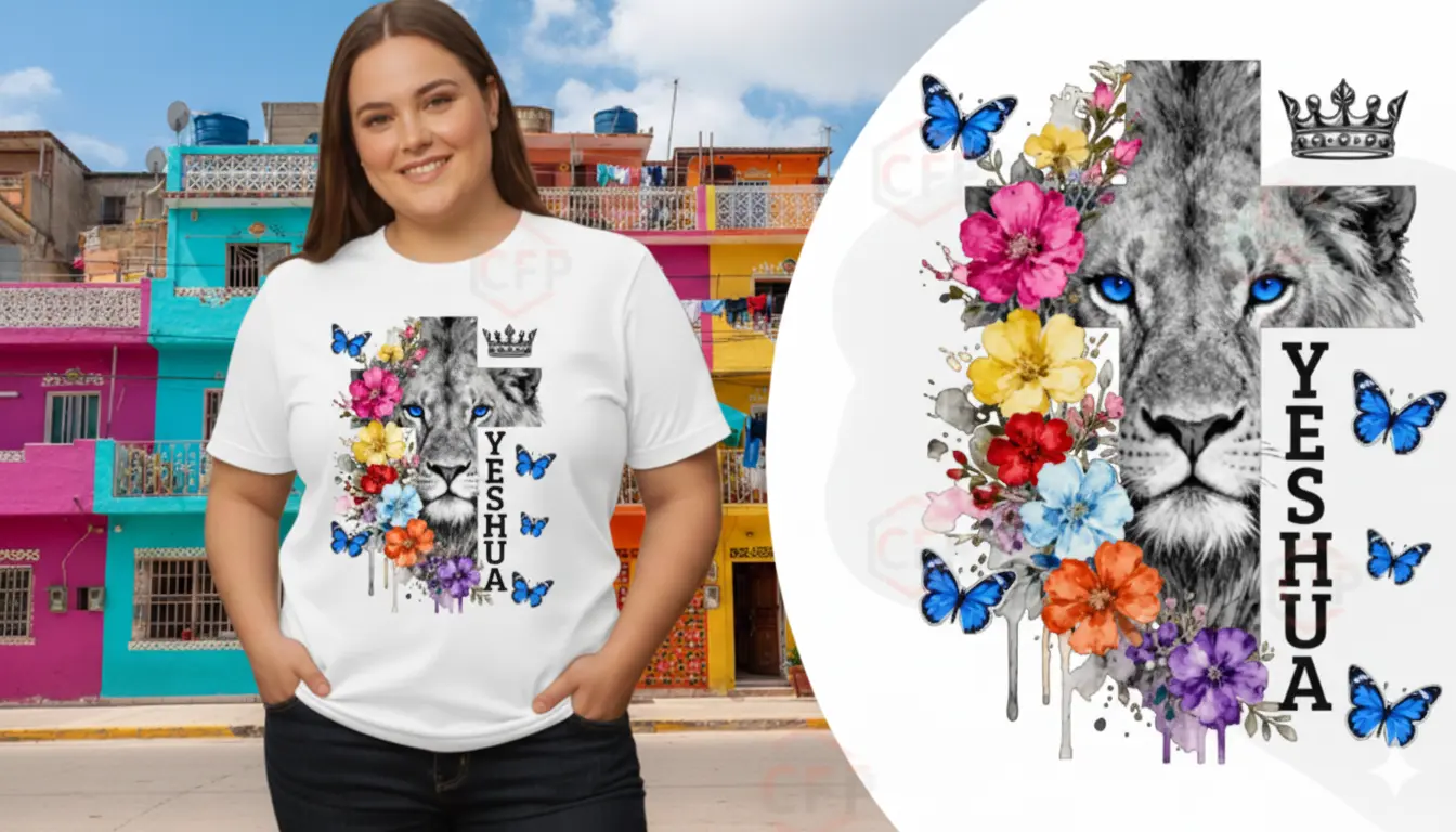 suéter blanca para mujer con diseño cristiano de Yeshua, León de Judá, cruz floral, mariposas azules, moda de fe vibrante.