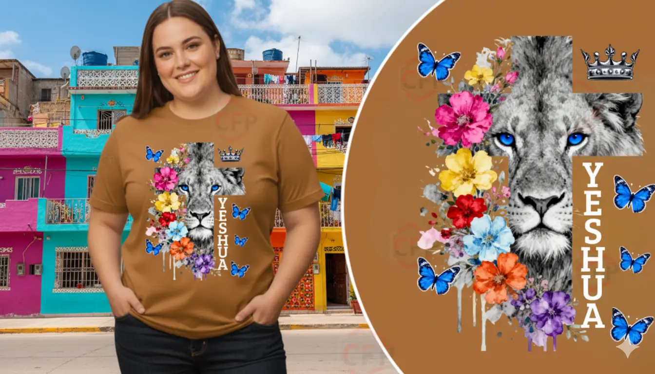 Suéter color camel para mujer, diseño cristiano de Yeshua, León con flores en cruz, mariposas, ropa de fe inspiradora.