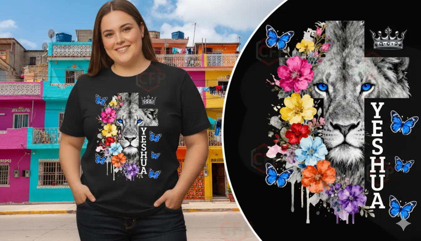 Suéter negro para mujer con diseño cristiano de Yeshua, León de Judá, cruz floral, mariposas, moda de fe impactante.