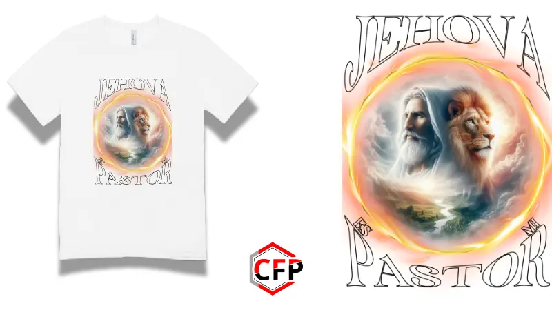 Suéter blanco con un diseño vibrante de Jehová y león en un aura de luz y energía. Producto de CFP.