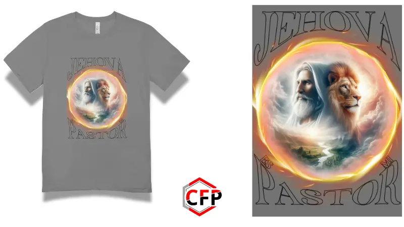 Suéter gris con un diseño vibrante de Jehová y león en un aura de luz y energía. Producto de CFP.