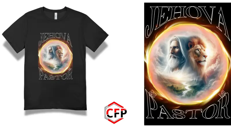 Suéter negro con un diseño vibrante de Jehová y león en un aura de luz y energía. Producto de CFP.