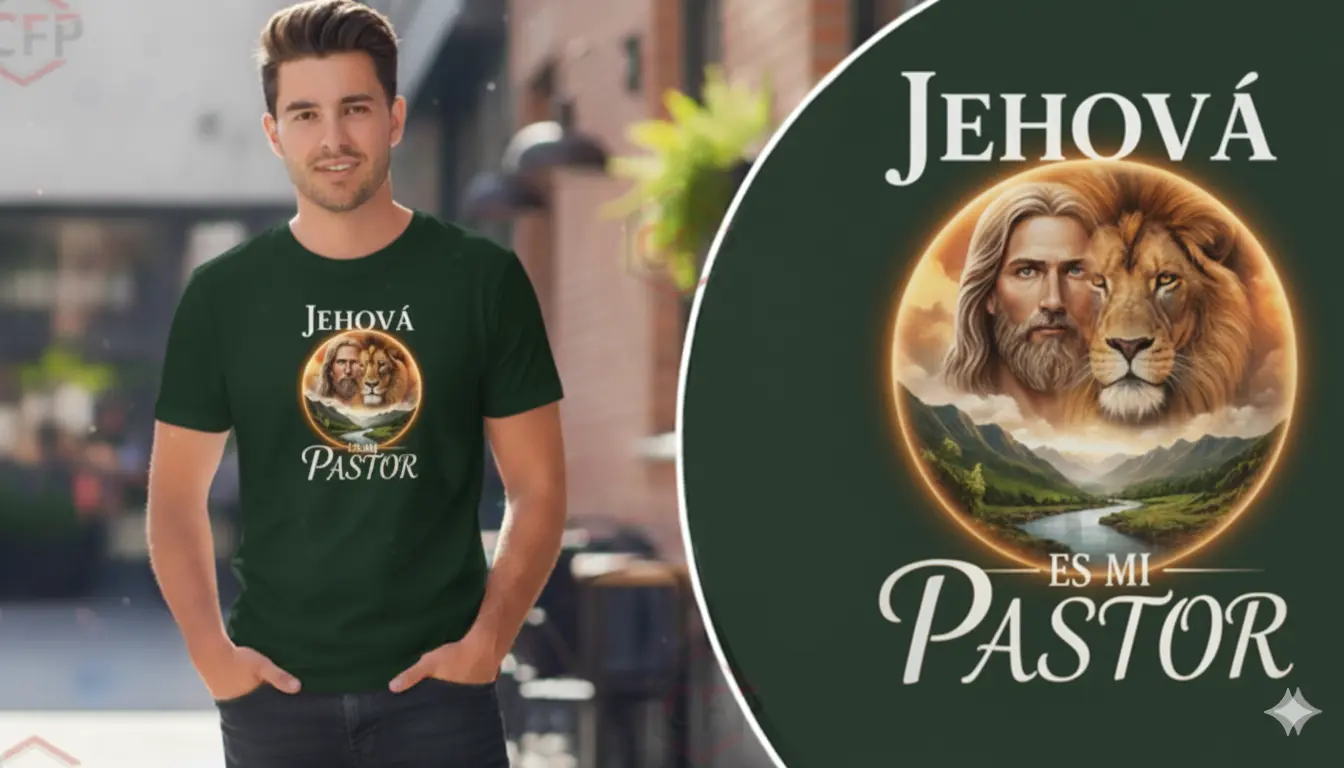 Suéter verde botella con un diseño vibrante de Jehová y león en un aura de luz y energía. Producto de CFP.