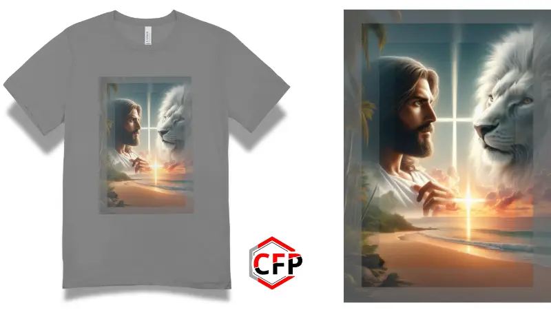 Suéter gris con diseño de Jesús y león fusionados en fuego, rodeados de resplandor. Producto de CFP.