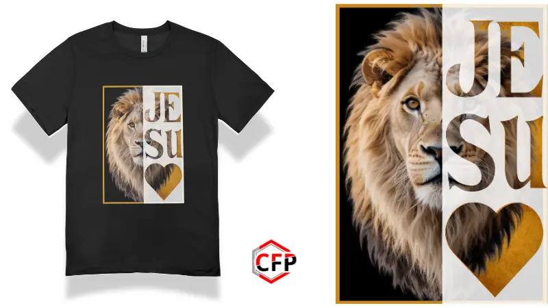 Suéter negro Jesús Rugiente con diseño de león y fe, marco dorado, fondo negro. Producto de CFP.