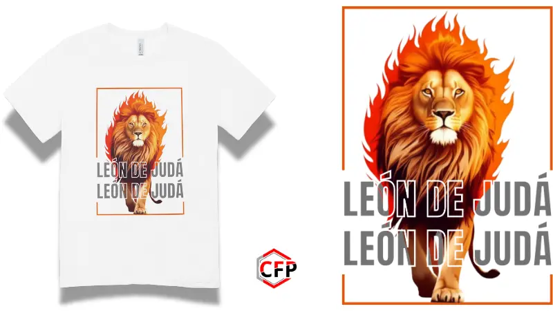 Suéter blanco diseño León de Judá en llamas, texto repetido, fondo blanco. Producto de CFP.
