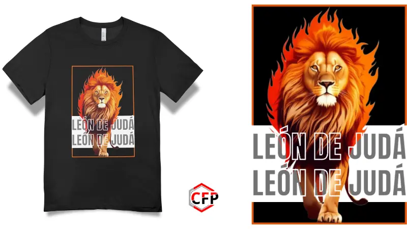 Suéter negro con diseño León de Judá en llamas, texto repetido, fondo negro. Producto de CFP.