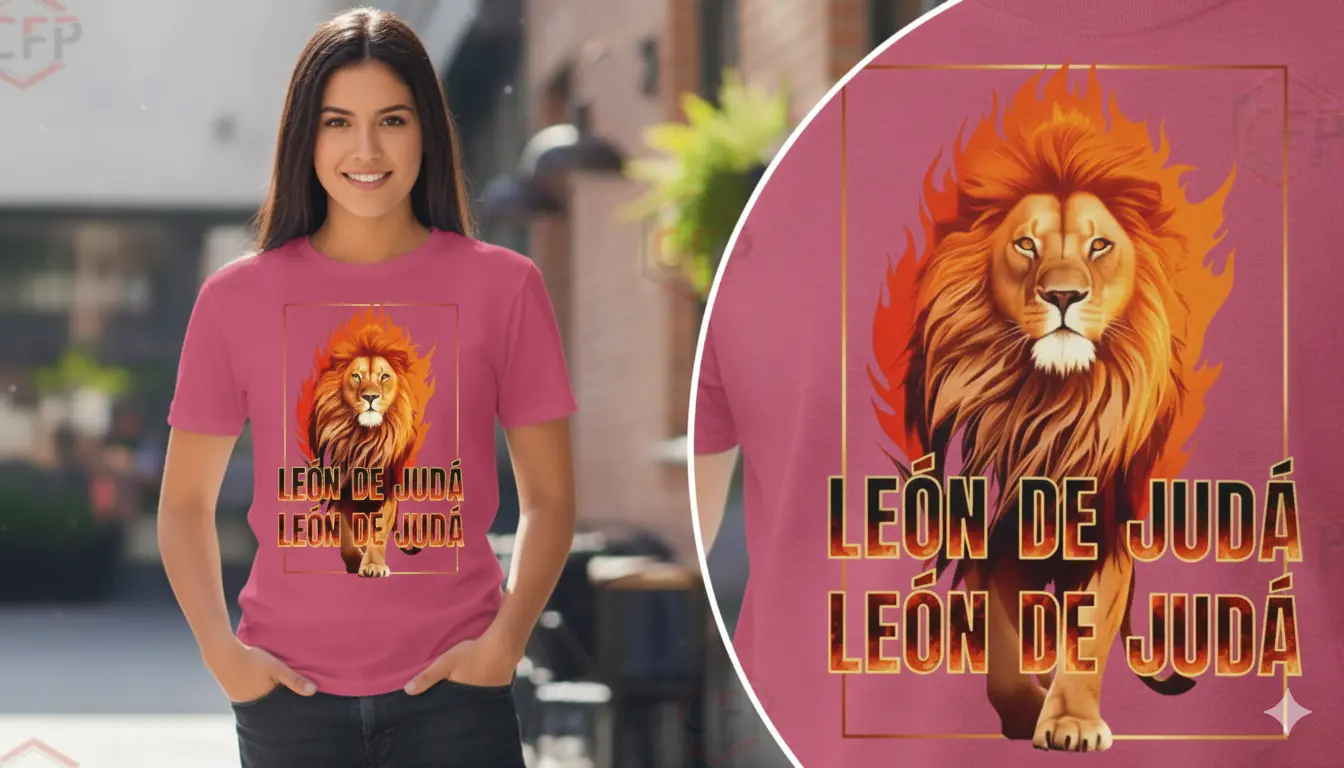 Suéter rosado con diseño León de Judá en llamas, texto repetido, fondo rosado. Producto de CFP.