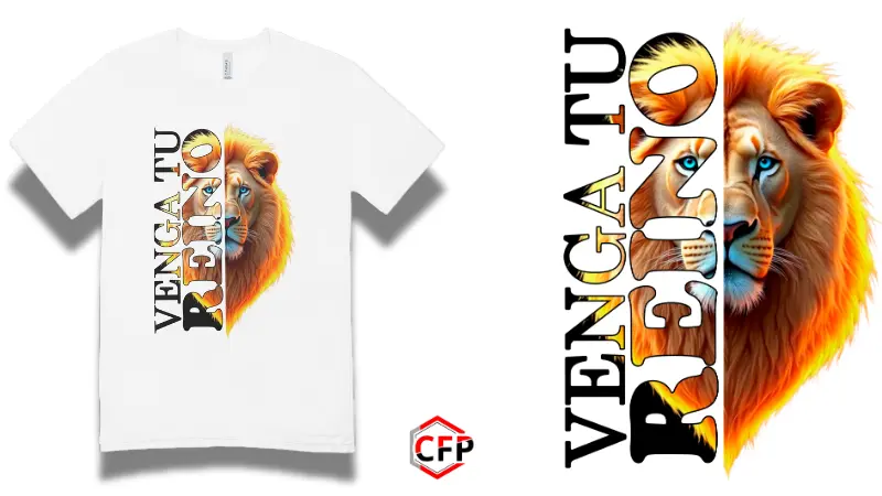 Suéter blanco con diseño de león y la frase Venga tu Reino.
Producto de CFP.