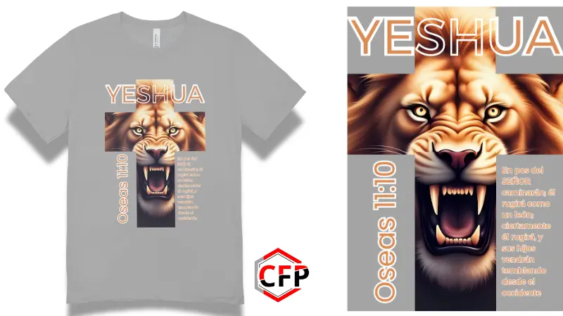 Suéter gris Yeshua con diseño de león en cruz, verso Oseas 11:10 y texto bíblico, fondo gris. Producto de CFP.
